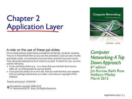 Application Layer 2-1 Chapter 2 Application Layer Computer Networking: A Top Down Approach 6 th edition Jim Kurose, Keith Ross Addison-Wesley March 2012.