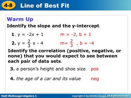 Warm Up Identify the slope and the y-intercept. 1. y = -2x + 1