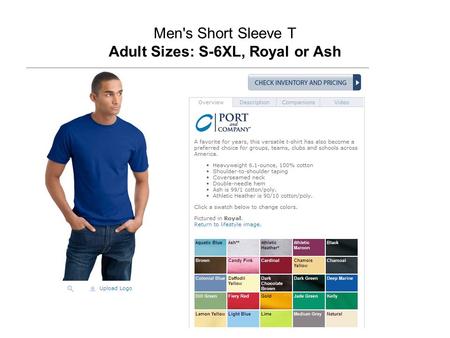 Men's Short Sleeve T Adult Sizes: S-6XL, Royal or Ash.