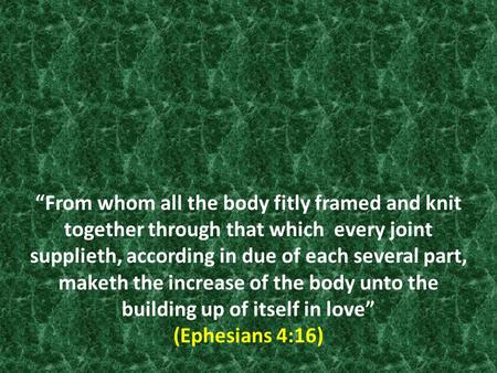 “From whom all the body fitly framed and knit together through that which every joint supplieth, according in due of each several part, maketh the increase.