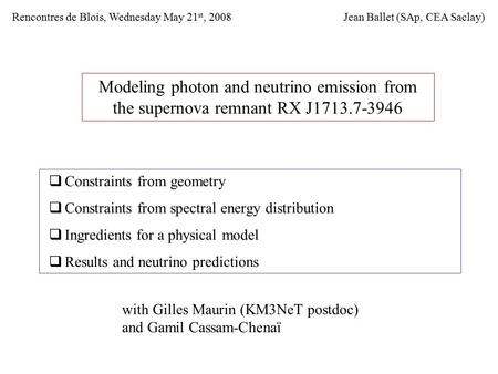 Modeling photon and neutrino emission from the supernova remnant RX J1713.7-3946  Constraints from geometry  Constraints from spectral energy distribution.