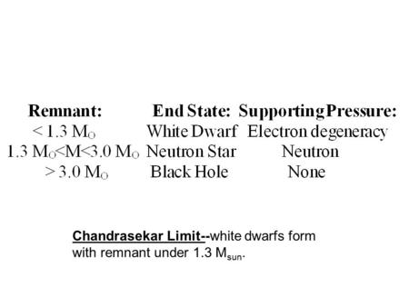 Chandrasekar Limit--white dwarfs form with remnant under 1.3 M sun.