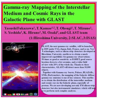 Gamma-ray Mapping of the Interstellar Medium and Cosmic Rays in the Galactic Plane with GLAST Yasushi Fukazawa 1, T. Kamae 1,2, T. Ohsugi 1, T. Mizuno.