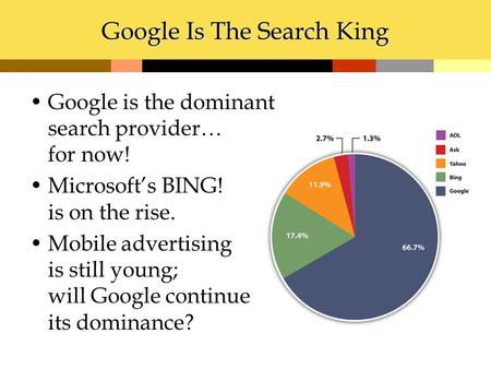 Google Is The Search King Google is the dominant search provider… for now! Microsoft’s BING! is on the rise. Mobile advertising is still young; will Google.