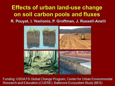 Effects of urban land-use change on soil carbon pools and fluxes R. Pouyat, I. Yesilonis, P. Groffman, J. Russell-Anelli Funding: USDA FS Global Change.