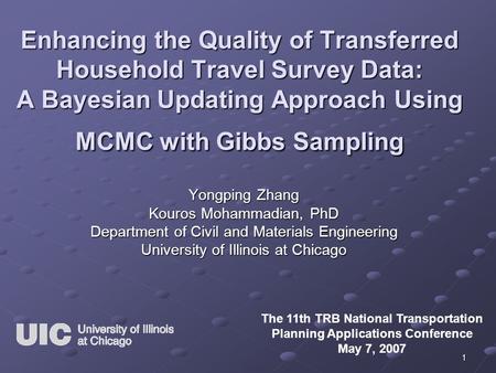 1 Enhancing the Quality of Transferred Household Travel Survey Data: A Bayesian Updating Approach Using MCMC with Gibbs Sampling Yongping Zhang Kouros.