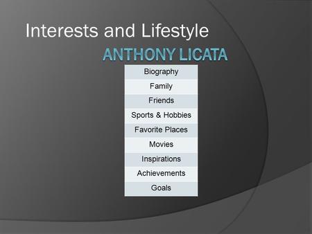 Interests and Lifestyle Biography Family Friends Sports & Hobbies Favorite Places Movies Inspirations Achievements Goals.