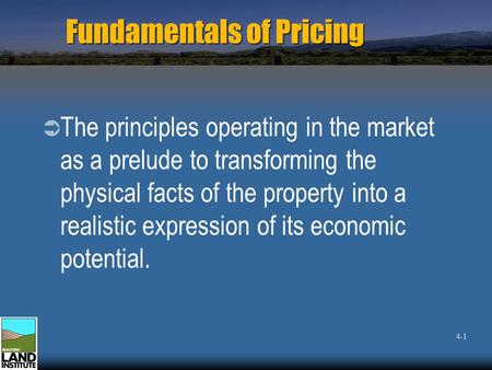 Fundamentals of Pricing  The principles operating in the market as a prelude to transforming the physical facts of the property into a realistic expression.