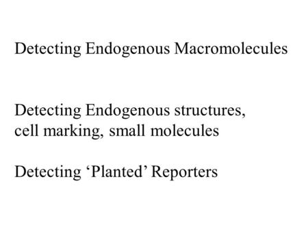 Detecting Endogenous Macromolecules Detecting Endogenous structures, cell marking, small molecules Detecting ‘Planted’ Reporters.