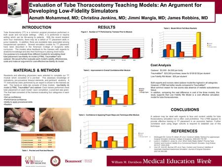 5/5/14 Evaluation of Tube Thoracostomy Teaching Models: An Argument for Developing Low-Fidelity Simulators Azmath Mohammed, MD; Christina Jenkins, MD;