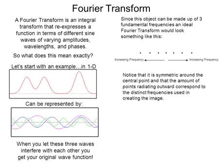 Fourier Transform A Fourier Transform is an integral transform that re-expresses a function in terms of different sine waves of varying amplitudes, wavelengths,