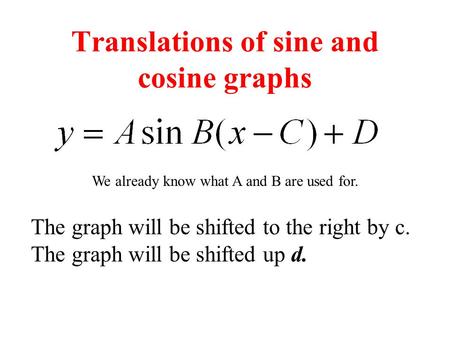 Translations of sine and cosine graphs The graph will be shifted to the right by c. The graph will be shifted up d. We already know what A and B are used.