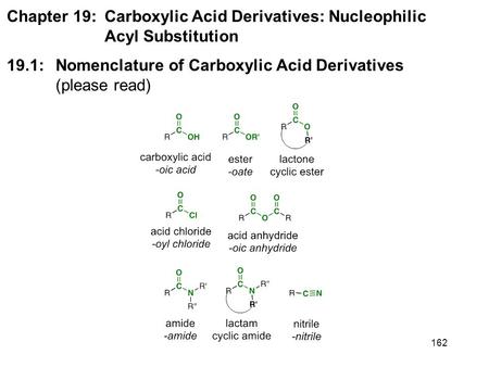 162 Chapter 19: Carboxylic Acid Derivatives: Nucleophilic Acyl Substitution 19.1: Nomenclature of Carboxylic Acid Derivatives (please read)