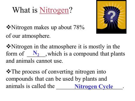 What is Nitrogen?  Nitrogen makes up about 78% of our atmosphere.  Nitrogen in the atmosphere it is mostly in the form of ______, which is a compound.