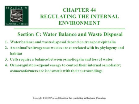 CHAPTER 44 REGULATING THE INTERNAL ENVIRONMENT Copyright © 2002 Pearson Education, Inc., publishing as Benjamin Cummings Section C: Water Balance and Waste.