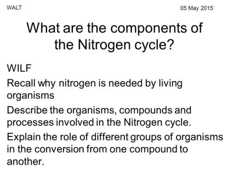 What are the components of the Nitrogen cycle? WILF Recall why nitrogen is needed by living organisms Describe the organisms, compounds and processes involved.