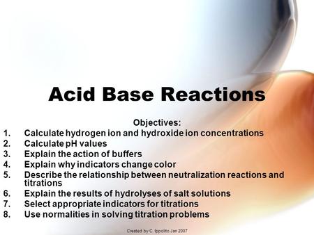 Created by C. Ippolito Jan 2007 Acid Base Reactions Objectives: 1.Calculate hydrogen ion and hydroxide ion concentrations 2.Calculate pH values 3.Explain.