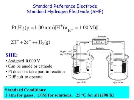 Standard Reference Electrode Standard Hydrogen Electrode (SHE) SHE: Assigned 0.000 V Can be anode or cathode Pt does not take part in reaction Difficult.