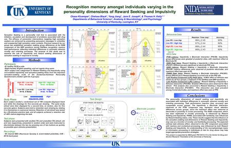 Recognition memory amongst individuals varying in the personality dimensions of Reward Seeking and Impulsivity Chase Kluemper 1, Chelsea Black 1, Yang.