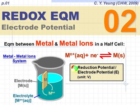 02 REDOX EQM Electrode Potential C. Y. Yeung (CHW, 2009)p.01 MetalMetal Ions Eqm between Metal & Metal Ions in a Half Cell: M n+ M Electrode [M(s)] Electrolyte.