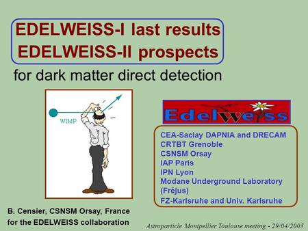 EDELWEISS-I last results EDELWEISS-II prospects for dark matter direct detection CEA-Saclay DAPNIA and DRECAM CRTBT Grenoble CSNSM Orsay IAP Paris IPN.