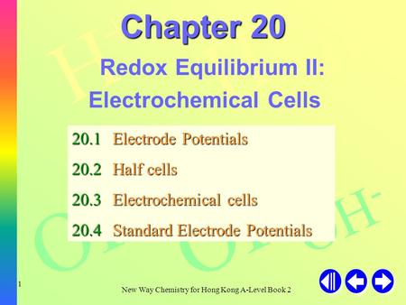H+H+ H+H+ H+H+ OH - New Way Chemistry for Hong Kong A-Level Book 2 1 Chapter 20 Redox Equilibrium II: Electrochemical Cells 20.1Electrode Potentials 20.2Half.