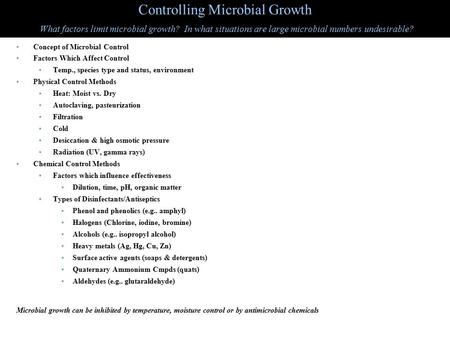 Controlling Microbial Growth What factors limit microbial growth? In what situations are large microbial numbers undesirable? Concept of Microbial Control.