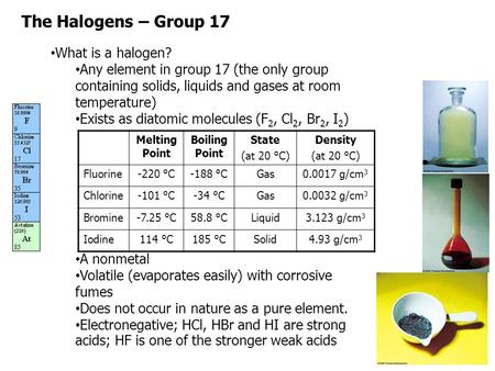 The Halogens – Group 17 What is a halogen?