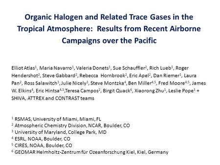 Organic Halogen and Related Trace Gases in the Tropical Atmosphere: Results from Recent Airborne Campaigns over the Pacific Elliot Atlas 1, Maria Navarro.