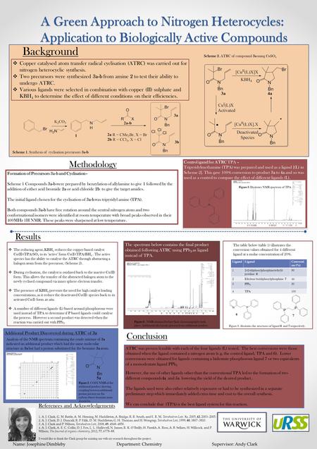 A Green Approach to Nitrogen Heterocycles: Application to Biologically Active Compounds Name: Josephine Dimbleby Department: Chemistry Supervisor: Andy.