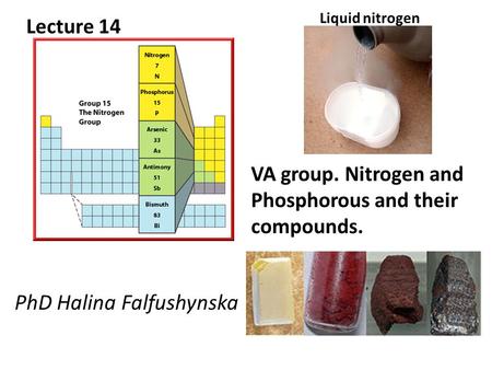 Liquid nitrogen VA group. Nitrogen and Phosphorous and their compounds. Lecture 14 PhD Halina Falfushynska.