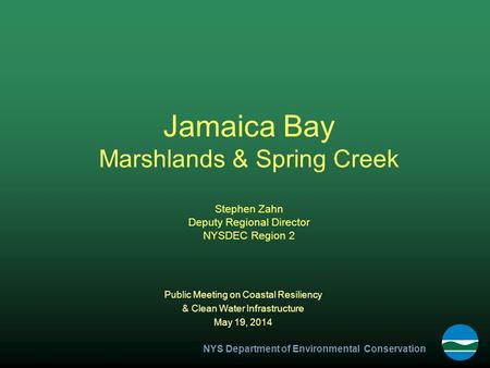 NYS Department of Environmental Conservation Jamaica Bay Marshlands & Spring Creek Stephen Zahn Deputy Regional Director NYSDEC Region 2 Public Meeting.