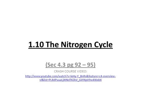 1.10 The Nitrogen Cycle (Sec 4.3 pg 92 – 95) CRASH COURSE VIDEO:  vl&list=PL8dPuuaLjXtNdTKZkV_GiIYXpV9w4WxbX.