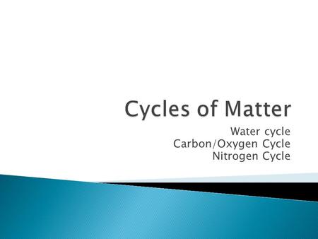 Water cycle Carbon/Oxygen Cycle Nitrogen Cycle