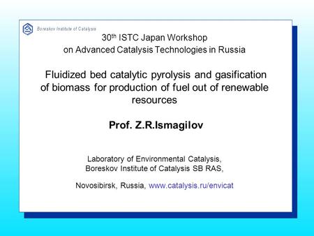 30 th ISTC Japan Workshop on Advanced Catalysis Technologies in Russia Fluidized bed catalytic pyrolysis and gasification of biomass for production of.