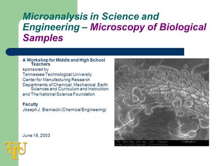 Microanalysis in Science and Engineering – Microscopy of Biological Samples A Workshop for Middle and High School Teachers sponsored by Tennessee Technological.