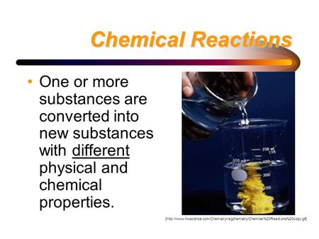 Chemical Reactions One or more substances are converted into new substances with different physical and chemical properties. [http://www.hwscience.com/Chemistry/regchemistry/Chemical%20Reactions%20copy.gif]