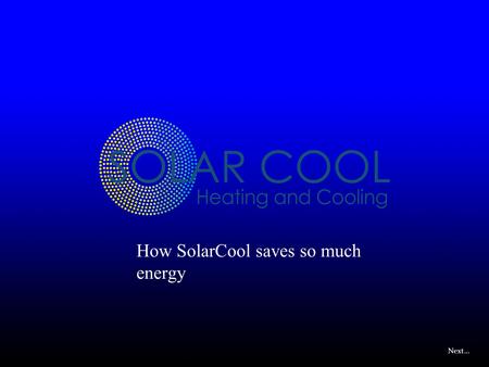 Next… How SolarCool saves so much energy. Next… Evaporator Compressor SolarCool Condenser Expansion Valve Staged compression system, full load – no sun.