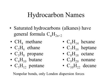Hydrocarbon Names Saturated hydrocarbons (alkanes) have general formula C n H 2n+2 CH 4 methane C 2 H 6 ethane C 3 H 8 propane C 4 H 10 butane C 5 H 12.