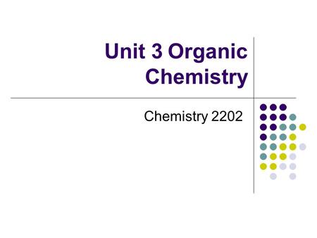 Unit 3Organic Chemistry Chemistry 2202. Introduction Organic Chemistry is the study of the molecular compounds of carbon. eg. CH 4 CH 3 OHCH 3 NH 2 Organic.