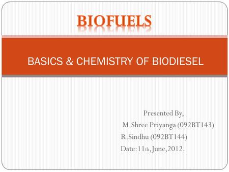 Presented By, M.Shree Priyanga (092BT143) R.Sindhu (092BT144) Date:11 th,June,2012. BASICS & CHEMISTRY OF BIODIESEL.