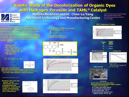 Kinetic Study of the Decolorization of Organic Dyes with Hydrogen Peroxide and TAML  Catalyst Melissa Medeiros and Dr. Chen-Lu Yang Advanced Technology.