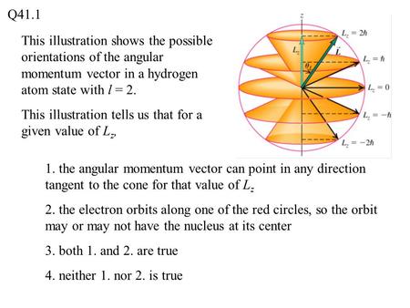 Q41.1 This illustration shows the possible orientations of the angular momentum vector in a hydrogen atom state with l = 2. This illustration tells us.