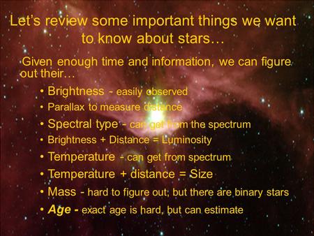 Let’s review some important things we want to know about stars… Given enough time and information, we can figure out their… Brightness - easily observed.