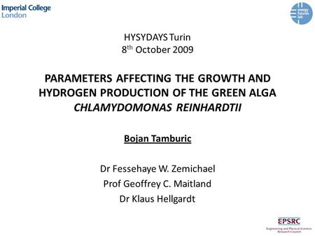 HYSYDAYS Turin 8 th October 2009 PARAMETERS AFFECTING THE GROWTH AND HYDROGEN PRODUCTION OF THE GREEN ALGA CHLAMYDOMONAS REINHARDTII Bojan Tamburic Dr.