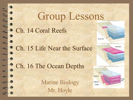 Group Lessons Marine Biology Mr. Hoyle Ch. 14 Coral Reefs Ch. 15 Life Near the Surface Ch. 16 The Ocean Depths.