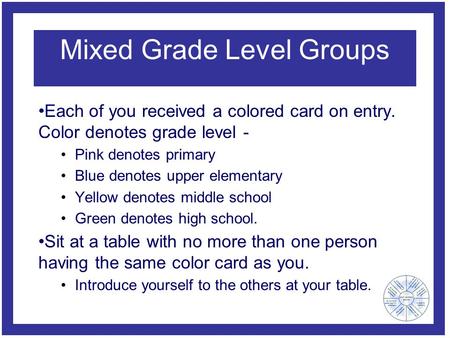 Mixed Grade Level Groups Each of you received a colored card on entry. Color denotes grade level - Pink denotes primary Blue denotes upper elementary Yellow.
