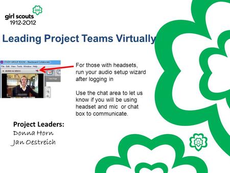 Leading Project Teams Virtually Project Leaders: Donna Horn Jan Oestreich For those with headsets, run your audio setup wizard after logging in Use the.