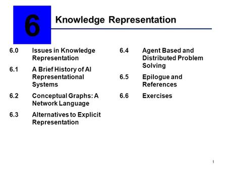 1 Knowledge Representation 6 6.0Issues in Knowledge Representation 6.1A Brief History of AI Representational Systems 6.2Conceptual Graphs: A Network Language.