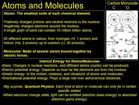 Atoms and Molecules Atoms: The smallest units of each chemical element. Positively charged protons and neutral neutrons in the nucleus. Negatively charged.